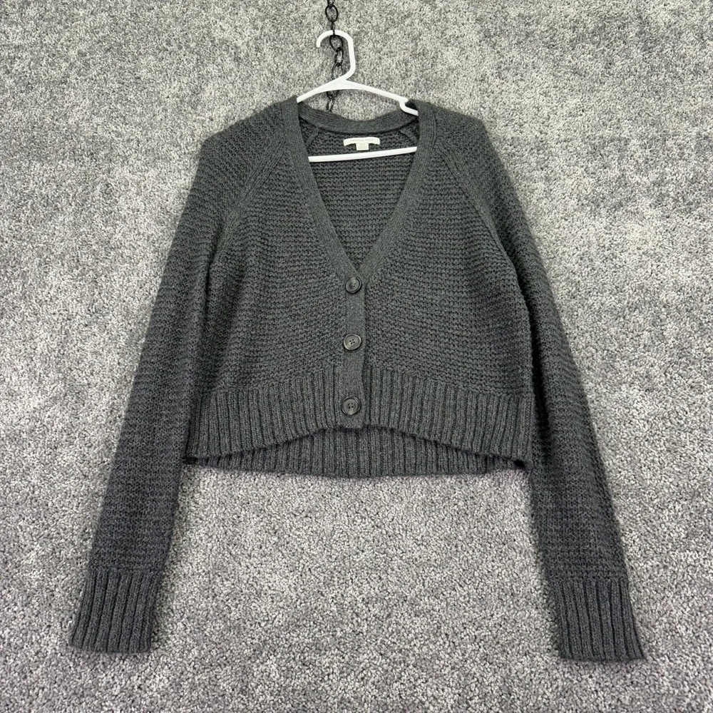 American Eagle Sweater Womens Small Gray Waffle Knit Button Cardigan Cropped - Picture 1 of 6
